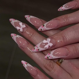 24 Pcs Pink Press on Nails Short Almond Nail Tips,YEFIUO Summer Cute Fake Nails Press ons Glue on Nails Acrylic Nail Art Kit Full Cover Reusable False Nails with Strawberry French Design for Ma'am