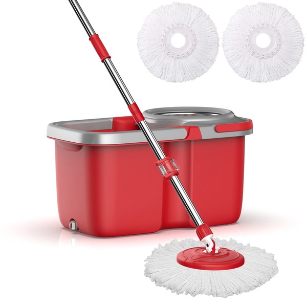 oshang Spin Mop and Bucket Floor Cleaning System, 2 Washable & Reusable Microfiber Mop Heads Included. 61-inch Long Handle and Stainless Steel Spin Compartment