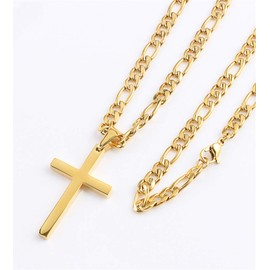FZTN Jewelry 4mm Mens Womens Flat Figaro Chain Gold Cross Necklace 18K Gold Plated Diamond Cut Stainless Steel Chain Necklace 20Inch