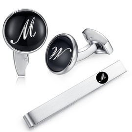 (M) - HONEY BEAR Initial Alphabet Letter Cufflinks Tie Clip Set for Mens - Black Round Stainless Steel, for Business Wedding Gift A - Z