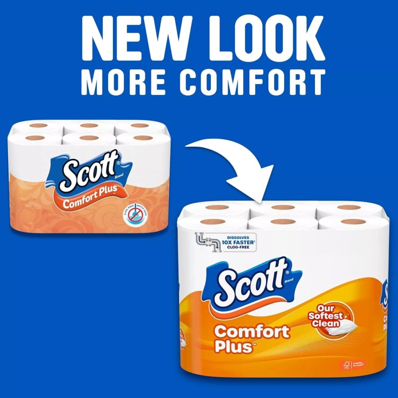 SCOTT Comfortplus Toilet Paper, 12 Double Rolls, 231 Sheets per