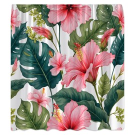 KDYDK Tropical Floral Plant Shower Curtain Vintage Pink Hibiscus Flower Green Palm Banana Monstera Leaves Hawaii Botanical Decor Bathroom Curtain Set with Hook