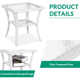 VIVIJASON Outdoor Wicker Side Table, All-Weather Rattan Patio Side Table Bistro Table with 2-Tier, Tempered Glass Top Square End Table for Indoor, Balcony, Garden, Porch, Deck, White