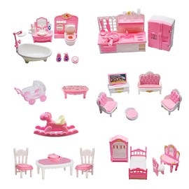LUFEIS 4 Sets Dolls House Furniture Set, Miniature Plastic Dollhouse Furniture Set Includes Kitchen, Bedroom, Bathroom and Living Room DIY Kit, Realistic Dolls House Accessories for Pretend Play