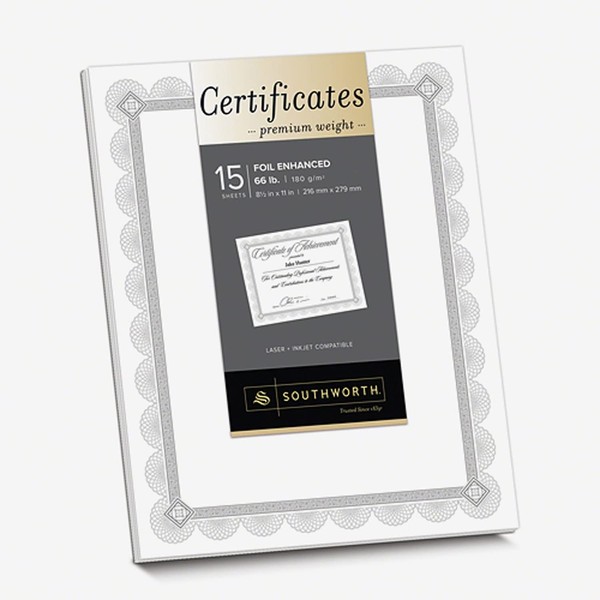 Southworth CTP2W Premium Certificates, White, Spiro Silver Foil Border, 66 lb, 8,5 x 11, 15/Pack