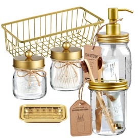 SheeChung 6Pcs Mason Jars Bathroom Accessories Set Complete - Toothbrush Holder, Lotion Soap Dispenser, 2 Mason Jars, Soap Dish, Toilet Paper Basket, Rustic Farmhouse Decor (Gold, 6Pcs Bathroom Set)