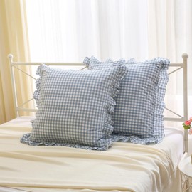 K MASANIJI 2PACK Dusty Blue White Plaid Euro Pillow Shams 26x26 inches, 100% Cotton Checkered Gingham French Country Rustic Ruffle Bed Pillow Covers (26x26 inches, Dust Blue/White Plaid)