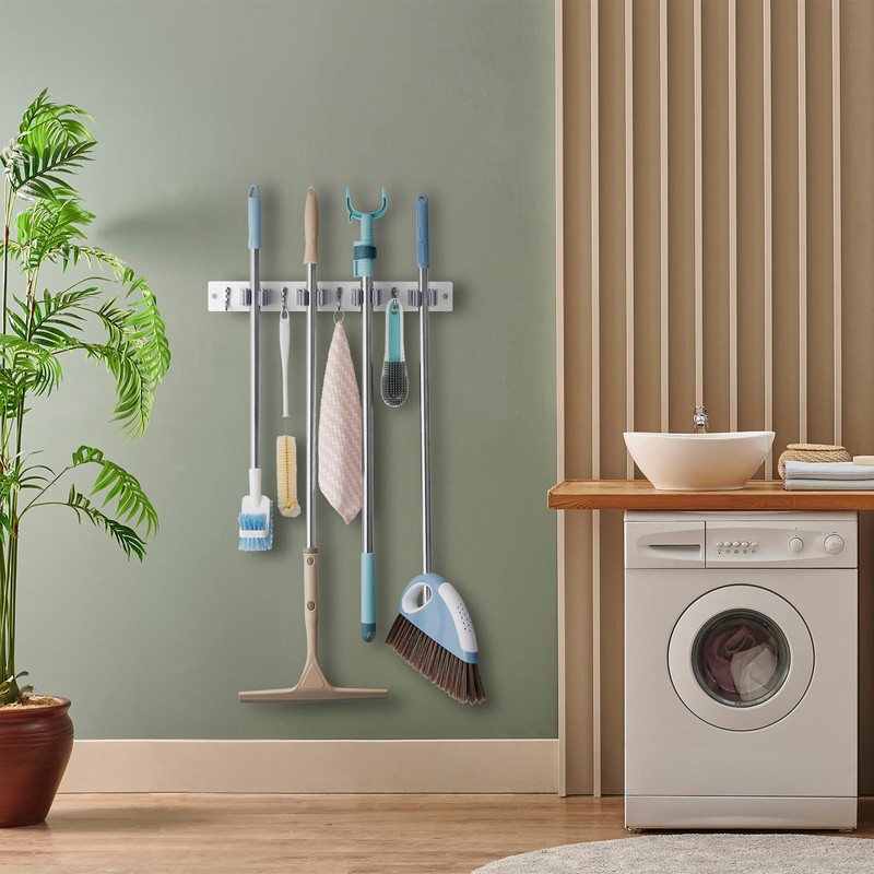 OUTNILI White Mop Broom Holder Wall Mount with 4 Slots