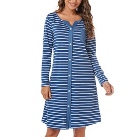 Marvmys Women's Long Nightgown Cotton Nightdress Stripe Nightshirt Long Sleeve V Neck Sleep Dress Soft Ladies Relaxed Nightshirt Sleepwear Blue-1 XXL