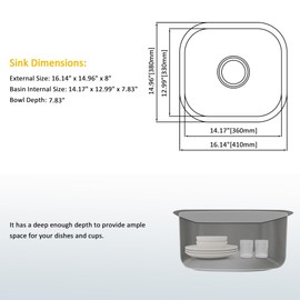 MONSINTA Bar Sink, 16" x 15" x 8" Undermount Kitchen Sink,18 Gauge Stainless Steel Small but Deep Single Bowl RV Sinks with Sink Drain Assembly, Suitble for Bathroom,Laundry,Trailer and Utility