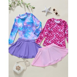 Liberty Pro 4 Pack Girls Rash Guard Two Piece Bathing Suit Long Sleeve Swimsuit - Toddler Swimwear with Skirts Shorts 3-12T, (Set 2, 3-4T)