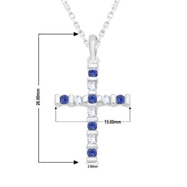 Shineadime Cross Pendant Necklace Round Cut Simulated Blue Sapphire And 0.13 Ct Natural Diamond Bar Set Along With 18" Chain In 14k White Gold Plated (0.33 Cttw)