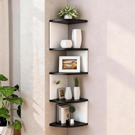 No-Drill Corner Shelf Wall Mount, 5-Tier Floating Corner Bookshelf with Hooks, Space-Saving Zigzag Plant Shelf for Bedroom, Living Room, Bathroom, Home Office(Black & White)