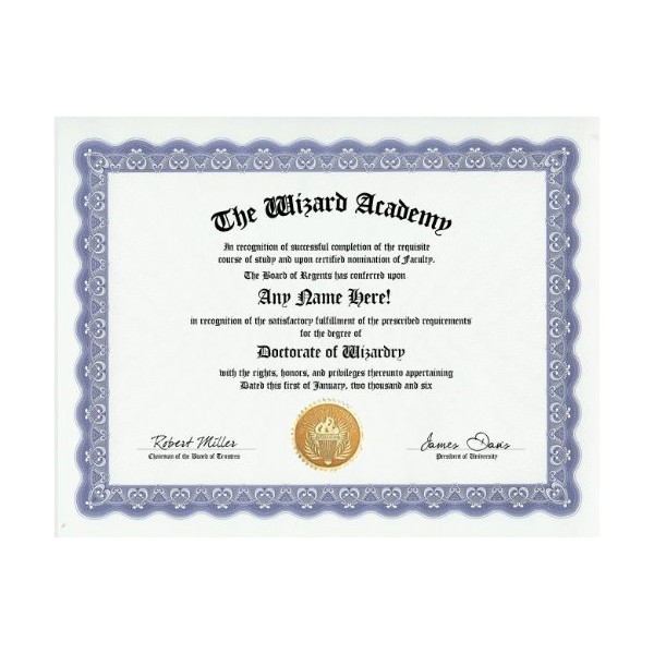 Wizards Wizardry Degree: Custom Gag Diploma Doctorate Certificate (Funny Customized