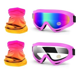 4-FQ Motorcycle Motocross Goggles 2 Pack With Neck Gaiter, ATV Dirt Bike Riding Bike Goggles MX UTV MTB Windproof Glasses UV400 Dustproof for Adult Youth Kids(Pink)
