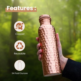 Radha Kishan LLC 34 Oz Extra Large Hammered Copper Water Bottle – Ayurvedic Pure Copper Vessel for Hydration & Health Benefits