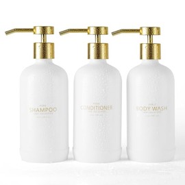 Juego de 3 dispensadores de champú y acondicionador, rellenables, 21 onzas, con Almohadilla de Silicona Protectora Antideslizante, dispensador de jabó