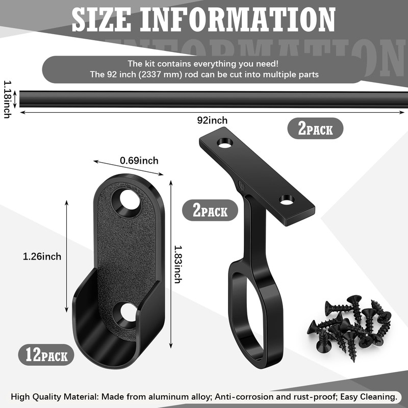 Tandefio 2 Sets Black Oval Closet Rod Kit 92 Inch