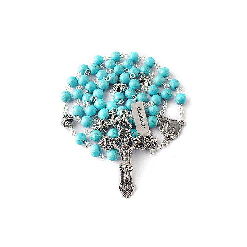 HanlinCC Turquoise Beads Catholic Rosary Necklace with Anti-Silver Plated Fatima