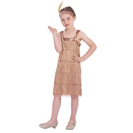 Sincere Party Roaring the 20s Gold Flapper Costume Dress with Pearl Necklace,Feather Headband for Girls,Gangster Flapper Dress for Kids 6-8