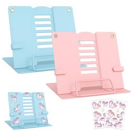 Pack of 2 Book Stands with Side Clip, Adjustable Bookend Children with 6 Adjustable Positions, Metal Book Holder Reading Stand for Textbooks, Document, Music Book, Speech Designs (Blue + Pink)