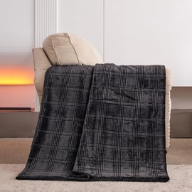 KORBLISS Super Soft Flannel Throw Blanket 50x60 Inches, Premium Checkered Jacquaed Silky Fleece Lightweight Bed Blanket All Season Use, Dark Grey Strip, 50"x60"