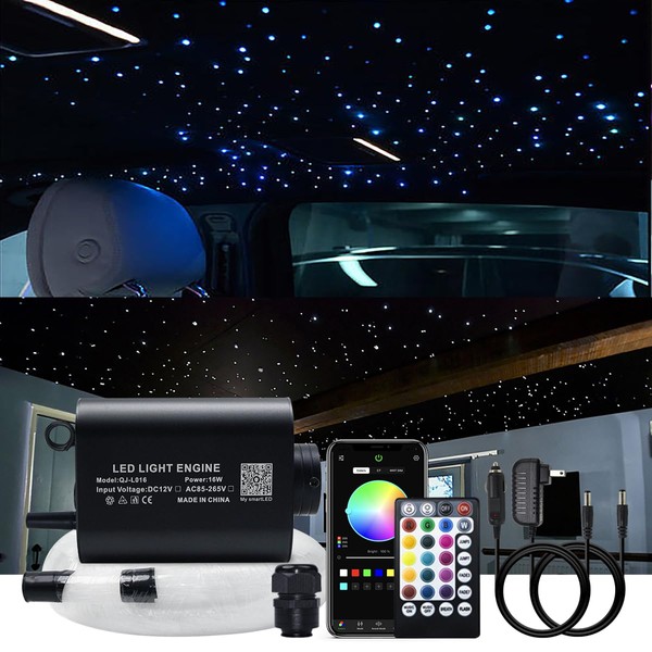 AKEPO 16W Fiber Optic Lights Star Ceiling Light Kit APP Control for Car & Home,Fibre Optical Cable Strands 150pcs 0.75mm 6.5ft/2m+28key Musical Remote Control