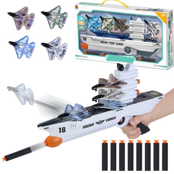 Geniboom Aircraft Carrier Toy, Kids Airplane Toys, Flight Modes Foam Glider Catapult Plane Toys, Kids 3 4 5 6 7 8 9 Years Old Birthday Gifts for Outdoor Flying