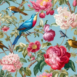 WalRiddle Vintage Pink Blue Peony Floral Birds Peel and Stick Wallpaper Easy Peel Off Contact Paper Stick on Adhesive Wall Paper for Bathroom Waterproof Renter Friendly