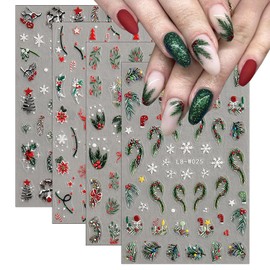 4Pcs Christmas Nail Art Stickers 5D Embossed Nail Decals Winter Christmas Tree Elk Snowflake Nail Art Design Self Adhesive Nail Supplies for Women DIY New Year Xmas Holiday Nail Decoration Accessories