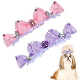 JJUNW 2 Pcs Small Dog Hair Bows, Pink and Purple Puppy Hair Barrette with Rhinestones, Dog Bows for Yorkie Accessories Cat Decoration