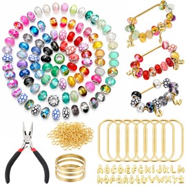 Sosation 8 Set DIY Beaded Brass Key Rings Set Bag Charm Carabiner Key Chain Holder with Large Hole Resin Beads, Gold Carabiner Hooks & 26 Alphabet Charms for Pendant DIY Crafts Jewelry Making