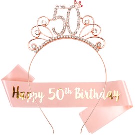 Casoty 50th Birthday Sash and Tiara for Women, Rose Gold Tiaras for Women, Happy 50th Birthday" Sash and Crown Set, 50th Birthday Gifts for Women, 50th Birthday Decorations Women