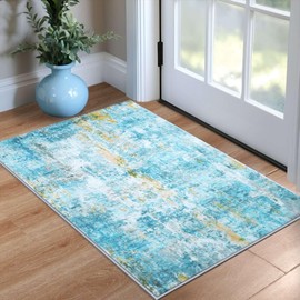 Entrance Rugs Indoor 2x3 Teal Blue Entry Rug Washable Abstract Small Area Rug Non-Slip Low Pile Throw Rugs for Entryway, Kitchen Floor, Front Door Indoor Door Mat, Bathroom, Bedroom Bedside