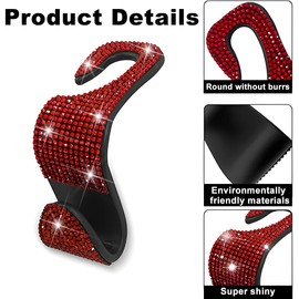 LKAHG 4PCS Bling Car Seat Headrest Hooks, Diamond Crystal Seat Back Hanger Organizer, Vehicle Storage Holder for Bag, Grocery, Auto Accessories Universal for SUV, Truck (Red)