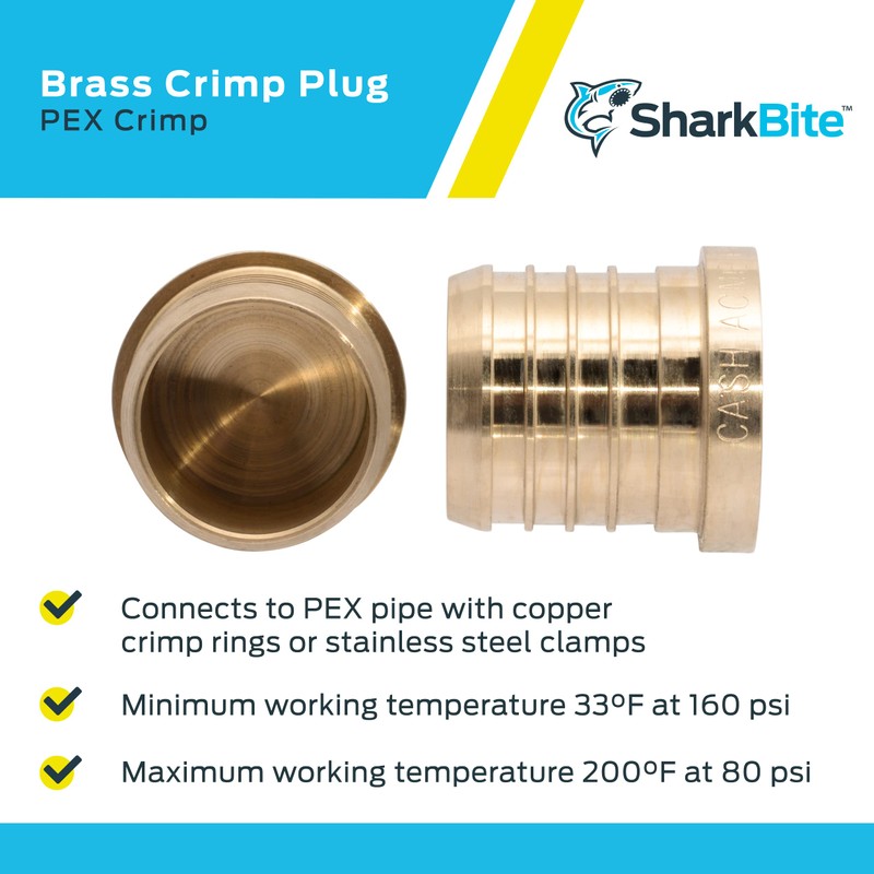 SharkBite 1-1/2 Inch Brass Crimp Plug, PEX Pipe, PE-RT, UC0441