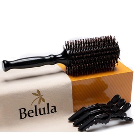 Belula Boar Bristle Round Brush for Blow Drying Set. Round Hair Brush With Large 2.7” Wooden Barrel. Hairbrush Ideal to Add Volume and Body. Free 3 x Hair Clips & Travel Bag.