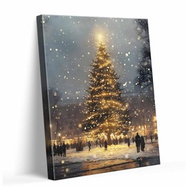 Christmas Tree Canvas Wall Art Decor - Stunning Night Cityscape with Glowing Tree in Snow, Illuminated Holiday Scene, 8X10 inch Ideal Christmas Decoration for Living Room, Office or Seasonal Décor
