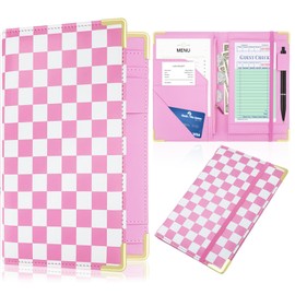 Large PU Leather Waitress Server Book, Retro Checkerboard Check Holder Organizer with Zipper Pockets, Pen Holder & Apron Loop