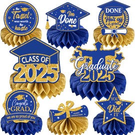 8 PCS Graduation Party Decorations Class of 2025 Blue Congrats Grad Honeycomb Centerpieces Congratulate Graduation Table Toppers for Graduation Party Supplies (Blue Gold)