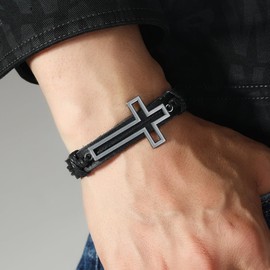 LHUOSN Leather Bracelet for Men and Teens I Adjustable Braided Mens Leather Cross Bracelet, Christian Gift for Teenagers Confirmation Baptism Stuffers (B02009-Black)