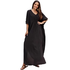 PHLCEhot Women's Cotton Blend Maxi Long Tunic Dress Plus Size Kaftan Beach Dress Bikini Cover Ups