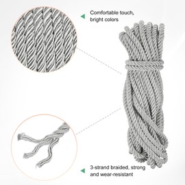 M METERXITY 11 Yards Twisted Rope Trim, 8mm/0.31 in Silver Gray Soft Polyester Twisted Silk Rope Cord 3-Ply Decorative Cord for Gift Bag/DIY Crafts/Home Decor/Curtain Tieback