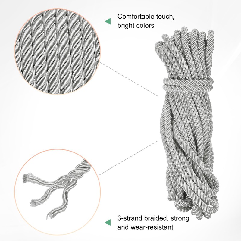 M METERXITY 11 Yards Twisted Rope Trim, 8mm/0.31 in Silver