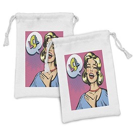 Ambesonne LOL Fabric Pouch Set of 2, Laughing out Loud Woman with Closed Eyes Pop Art Young Lady and Comic Speech Bubble, Small Drawstring Bag for Toiletries Masks and Favors, 9" x 6", Multicolor
