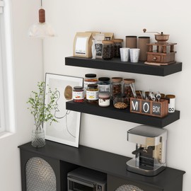 FLYJOE Deep Floating Shelves for Wall, 12'' Deep Large Floating Shelves Set of 2, 36 Inch Distressed Black Wood Shelves for Living Room Bathroom Laundry Room Bedroom Kitchen Home Office - Black