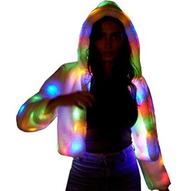 NIWOTA LED Faux Fur Jacket for Women Light up Rave Outfits Glow Costume for Parties(Large) White