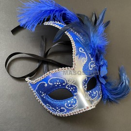 MasqStudio Brocade Lace Masquerade Ball Mask Burlesque Mardi Gras Birthday Prom Wedding Party (Blue Silver), 6.5X8