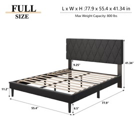CXVX Full Size Bed Frame with Diamond Tufted Headboard, Linen Upholstered Platform Bed and Wooden Slat Support, Noise-Free, No Box Spring Needed, Easy Assembly, Dark Grey