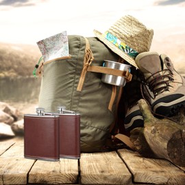 Relaxdays Hip Flask Set of 2, 200 ml, Stainless Steel Shot Container with Faux Leather Case, Small Flask, Brown/Silver